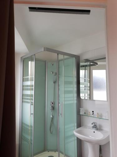 里尔拿破仑酒店的一间带玻璃淋浴和水槽的浴室