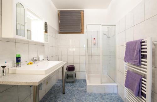 Bruck am ZillerApart Sunnseitn的白色的浴室设有水槽和淋浴。