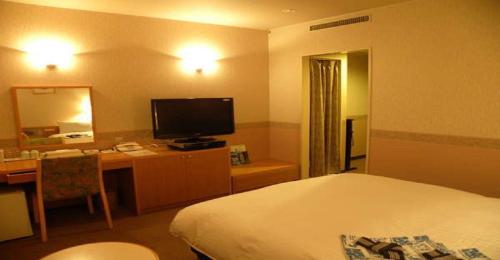 米泽市Hotel Benex Yonezawa / Vacation STAY 14346的酒店客房配有一张床、一张书桌和一台电视。