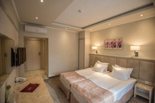 斯塔佐扎格斯基巴尼Spa Hotel Armira的卧室配有一张带白色床单和枕头的大床。