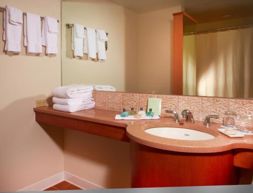 州学院宾州斯塔特酒店及会议中心 的浴室配有盥洗盆、镜子和毛巾