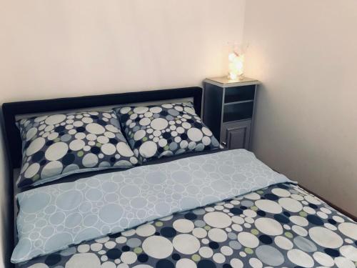 卡托维兹Apartament Silesia Park的一张带黑白枕头的床和床头柜