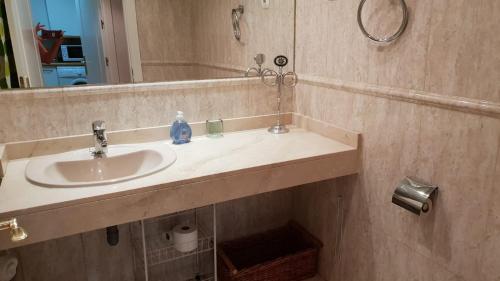 马德里Madrid Airport Apartments的一间带水槽和镜子的浴室