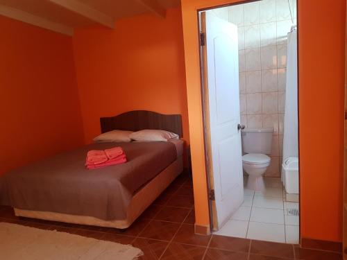圣佩德罗·德·阿塔卡马Hostal Casa Colque的一间小卧室,配有一张床和一个卫生间