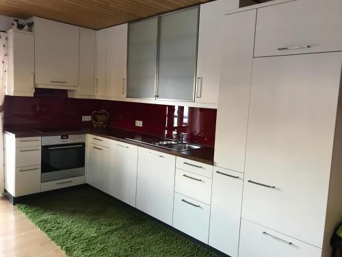 菲根贝格Apart Lisi的厨房配有白色橱柜和绿色地毯。