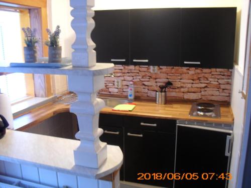 WienrodeFam Stana的厨房配有黑色橱柜和石墙
