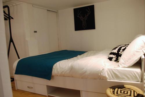 图卢兹Le typique - coeur de ville的一间卧室配有一张白色的床和蓝色的毯子