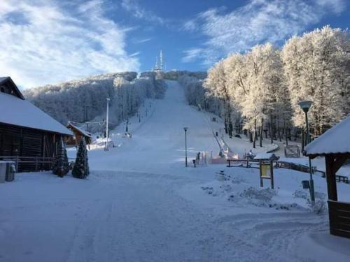 沙托劳尔尧乌伊海伊Kaland vendégház的雪覆盖的滑雪场,设有滑雪缆车