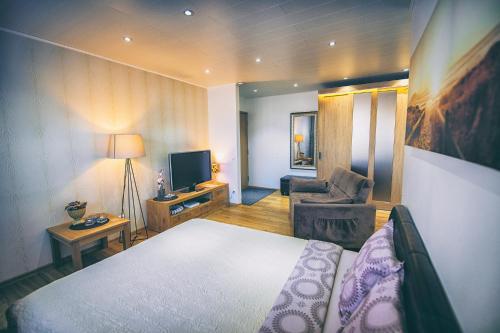 哈普萨卢Simoone Kesklinna Apartment的酒店客房配有一张床、一把椅子和一台电视。