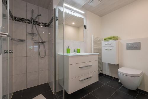萨斯阿尔马格尔Haus Bergsonne的带淋浴、卫生间和盥洗盆的浴室