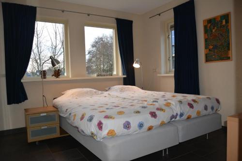 HollandscheveldAppartement Derde Zandwijkje的一间卧室设有一张床和两个窗户。