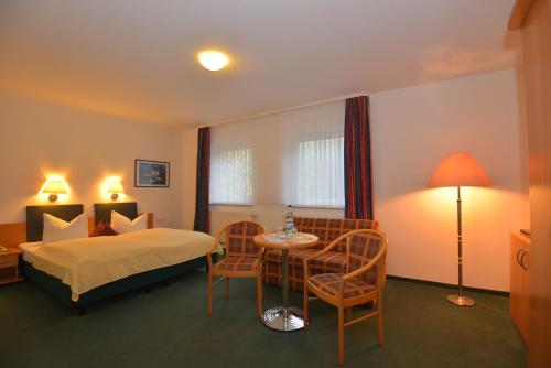ElgersburgHotel Am Wald -GARNI-的酒店客房带一张床、一张桌子和椅子