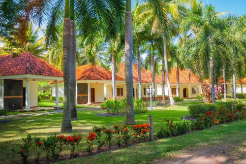 San LuisPato Canales Hotel & Resort的一排种有棕榈树和鲜花的房屋