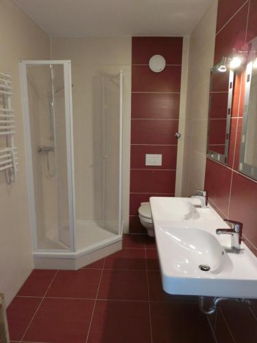 格拉尔-米里茨Eikkaterweg 15的带淋浴、盥洗盆和卫生间的浴室