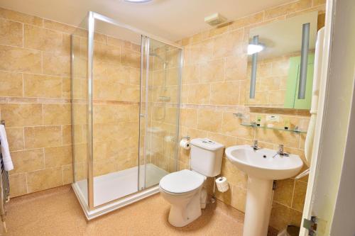 科尔福德The Angel Hotel的浴室配有卫生间、淋浴和盥洗盆。