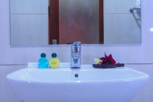 沙努尔Sekar Waru Homestay的浴室水槽配有水龙头和两只鸭子