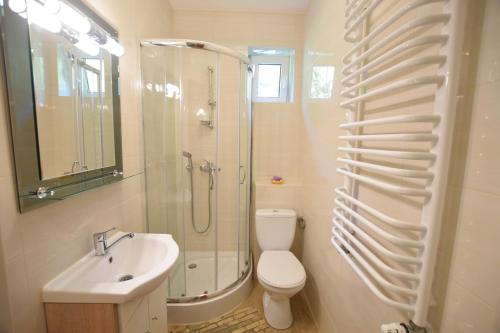 扎沃亚KAJA Zawoja的带淋浴、卫生间和盥洗盆的浴室