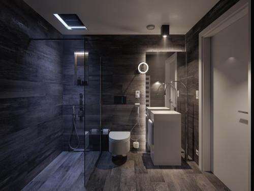 苏黎世Le Bijou Lintheschergasse / Zurich HB的带淋浴、卫生间和盥洗盆的浴室