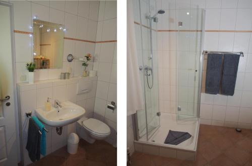 卡罗利嫩西尔An´t Möhlen的两张照片,浴室设有淋浴和水槽