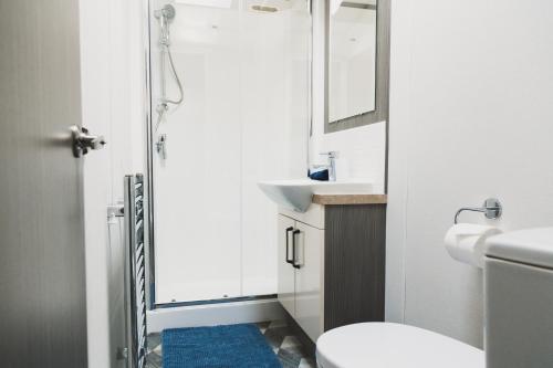 奥赫特拉德Atlas Ovation Lodge的带淋浴、卫生间和盥洗盆的浴室
