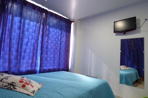 乔阿奇Hotel La Avenida的一间卧室配有一张带蓝色窗帘的床和电视。