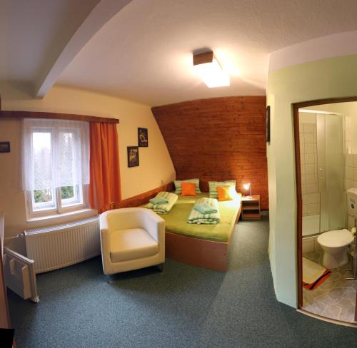 扬斯凯拉兹涅Hotel Zátiší的一间卧室设有一张床和一间浴室。