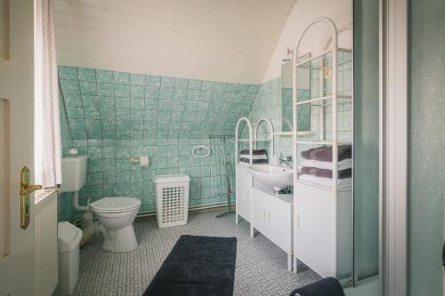 索尔陶Boer的绿色瓷砖浴室设有卫生间和水槽