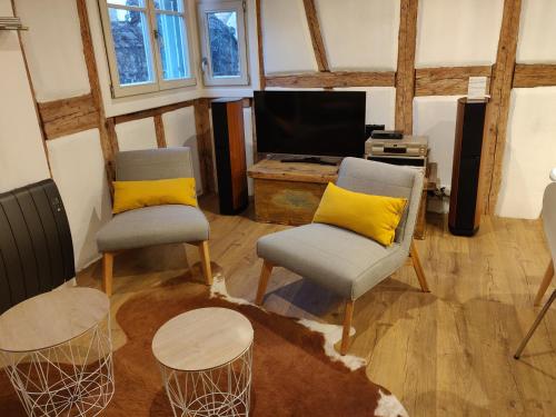 埃圭斯海姆Elsass Design Hygge的客厅配有两把椅子和电视