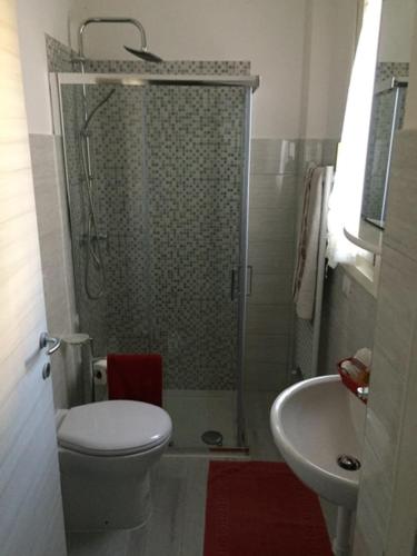 维罗纳LA CASA DI CHICCO E GINNY的带淋浴、卫生间和盥洗盆的浴室