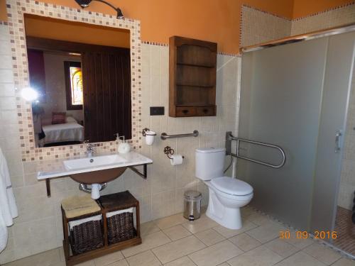 El RobledoCasa Rural La Alcazaba的一间带卫生间、水槽和镜子的浴室