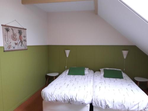 德文格洛An de Esch的一间卧室配有一张带绿色墙壁的床和两张桌子