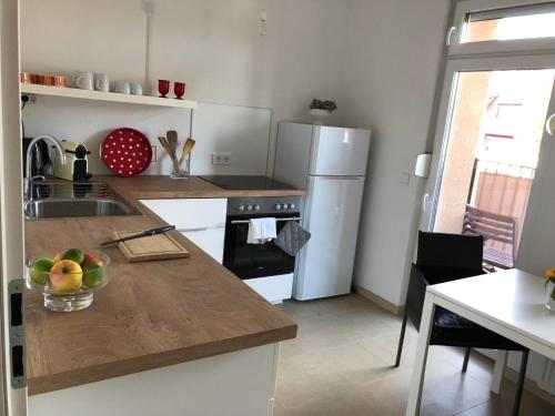 曼海姆Feel-Good Apartment In Mannheim-Neckarau的厨房配有带水槽的柜台和冰箱。