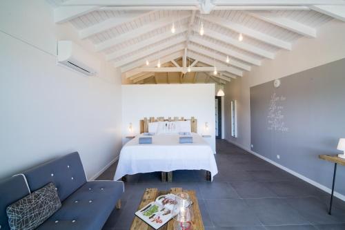 圣马丁岛Villa Jwi Lavi Boutique Hotel的一间卧室配有一张床、一张沙发和一张桌子
