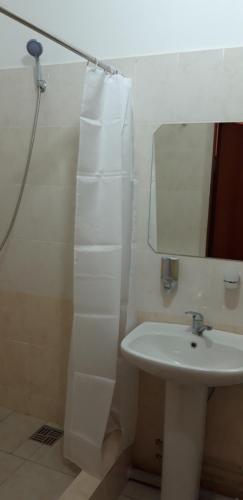 塞米伊Гостиница "SEMEY-CITY"的白色的浴室设有水槽和镜子