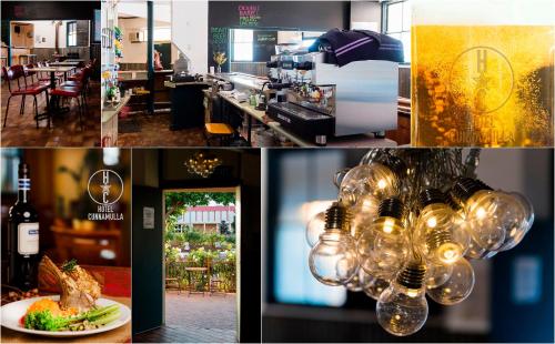 坎纳马拉Hotel Cunnamulla的一张有灯光的餐厅的四张照片
