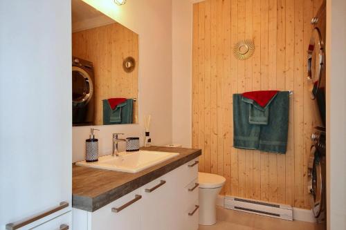 魁北克市Le Kaméléon 318 : interieur parking, rooftop terrace, gym的浴室配有水槽、卫生间和绿毛巾。