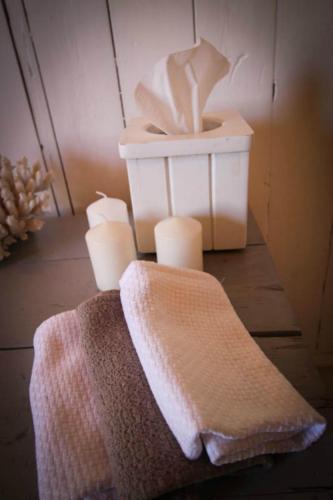 蒙塔古The Luxury Loft的桌子上一堆毛巾和蜡烛