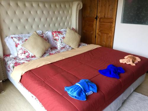 乔木提恩海滩Venetian Signature PoolAccess Resort Jomtian Pattaya的一张带两条蓝色毛巾的床和一只塞满动物的床