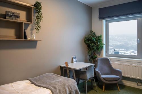 奥斯陆奥斯陆罗宁根旅馆的一间卧室配有一张床、一张书桌和一个窗户。