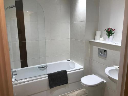 卡迪夫Hansen House Cardiff Apartment with Parking的带浴缸、卫生间和盥洗盆的浴室