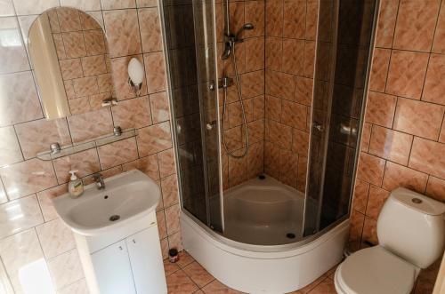 恰普利内克Dom Wczasowy Mariza DOMKI LETNISKOWE的带淋浴、盥洗盆和卫生间的浴室