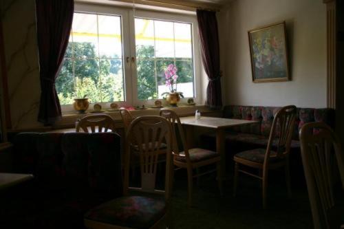 Vielbrunn米歇尔施塔特酒店的一间带桌椅和窗户的用餐室