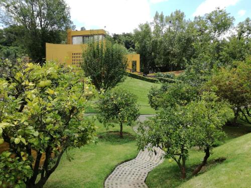 莫雷利亚Hotel Casa en el Campo的一座种有树木和石头小径的花园