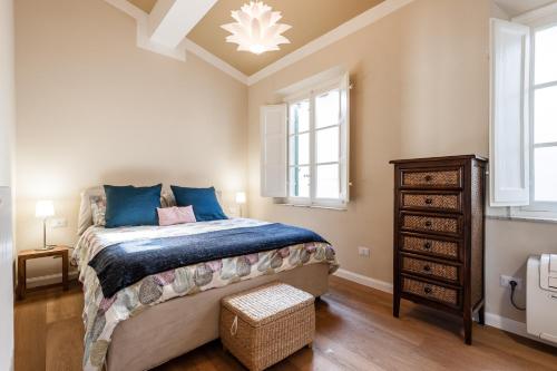 卢卡Affordable suite with a view in the Heart of Lucca的一间卧室配有一张带蓝色枕头的大床