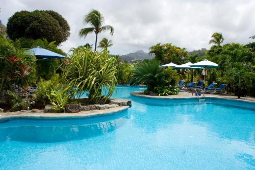 金斯敦Young Island Resort的拥有蓝水和棕榈树的度假村的游泳池