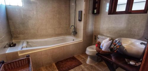 琅勃拉邦Luang Prabang chanon hotel的带浴缸、卫生间和盥洗盆的浴室