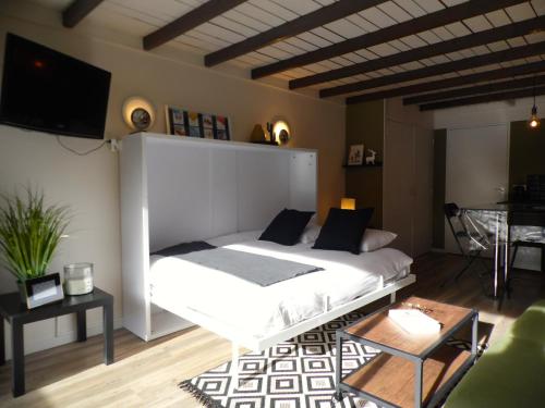 普华露Pra Loup Appart'hotel的卧室配有白色的床和电视