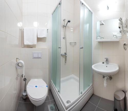 瓦拉日丁B&B Garestin的带淋浴、卫生间和盥洗盆的浴室