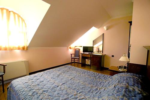 萨莫博尔Hotel Lavica的一间卧室配有一张床、一张书桌和一台电视