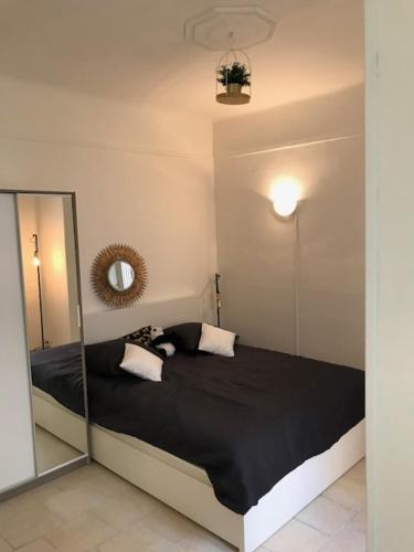 马赛38 Rue Papety的一间卧室配有一张带镜子的黑色床